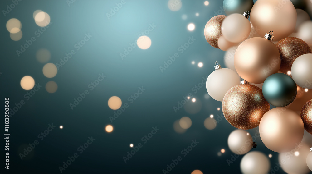 Some Christmas balls in gold tones on a blue background with diffused lights. Copy space