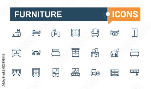 Furniture vector line icon set. Featuring chair, sheet, interior, desk, mirror, bathroom and more. Modern thin icons. Vector outline and solid icons collection.