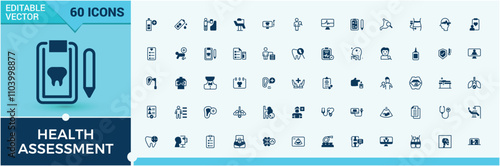 Health Assessment line icons set. Contains related to diagnosis, examination, check, laboratory, checkup, monitor and more. Thin linear style icons. Editable vector icon and illustration.