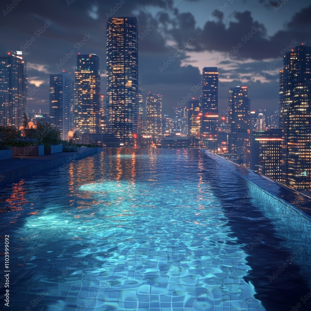 Fototapeta premium Stunning Rooftop Infinity Pool Overlooking Urban Skyline at Dusk
