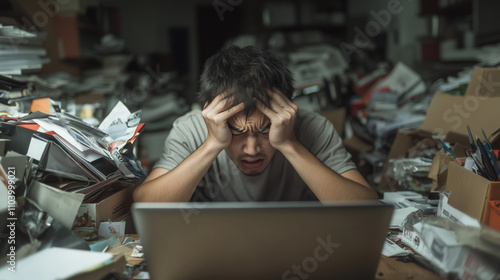 A desperate man is sitting in a messy room with a laptop in front of him. photo