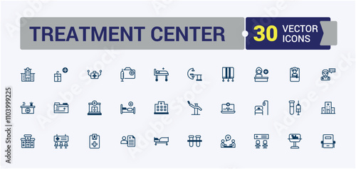 Treatment Center icon set. Includes icons for icon, recover, science, health, cure and more. Outline symbol collection. Solid line editable stroke. Vector line and solid icons.