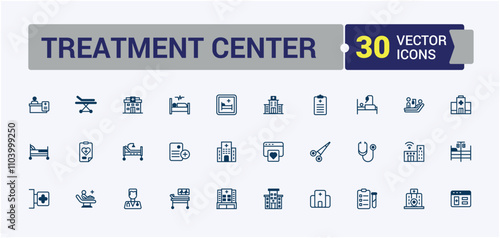 Treatment Center icon set. Includes icons for icon, recover, science, health, cure and more. Outline symbol collection. Solid line editable stroke. Vector line and solid icons.