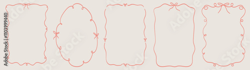 Set of elegant whimsical hand drawn pink color frames with wavy squiggle curly ribbon and bow in trendy, vintage retro styles. Perfect for wedding, birthday or party invitations or greeting card decor