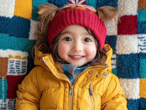 joyful child dressed warm yellow jacket and red hat lays bright patterned blanket showcasing delightful smile and sparkling eyes cheerful winter setting. photo