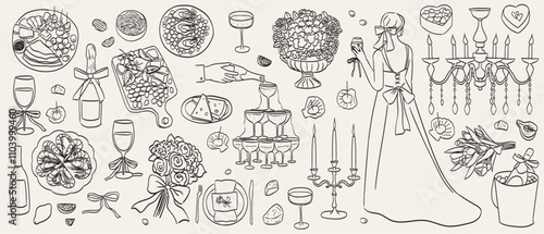 Hand drawn chalk food illustrations. Italian style wedding dinner icons. Wine, champagne glass, cheese, charcuterie drawings for wedding invitations, cafe menus and parties. La dolce vita sketch style