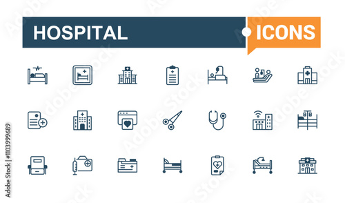 Hospital thin line icon set. Contains such icons as helicopter, pulse, market, science, monitor, stethoscope, aid, glyph. Simple web icons. Vector illustration in modern line style.