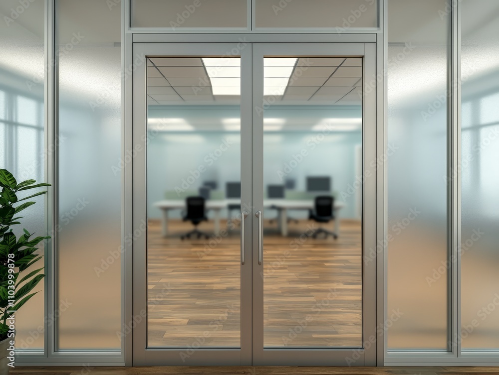 Modern Minimalist Glass Office Doors in Calm Office Setting with Symmetrical Design and Soft Lighting, Interior Architecture Visualization Modern Minimalist Glass Office Doors in Calm Office Setting with Symmetrical Design and Soft Lighting, Interior Architecture Visualization