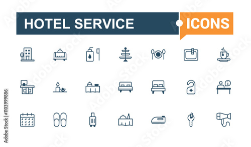 Hotel Service icon set. Contains related to taxi, room, hospitality, pool, rent, elevator and more. Minimal linear icons. Editable vector icon and illustration.