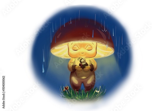 Wallpaper Mural A friendly little mushroom warms a ladybug under the rain with its light and from under its cap. Torontodigital.ca