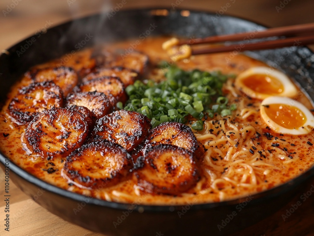 steaming bowl filled flavorful ramen features tender slices meat soft boiled eggs and fresh green onions inviting anyone enjoy comforting meal. steaming bowl filled flavorful ramen features tender slices meat soft boiled eggs and fresh green onions inviting anyone enjoy comforting meal.