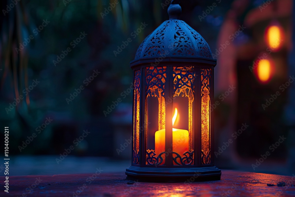 Ornamental Arabic lantern with burning candle glowing at night. Festive greeting card, invitation for Muslim holy month Ramadan Kareem. Ornamental Arabic lantern with burning candle glowing at night. Festive greeting card, invitation for Muslim holy month Ramadan Kareem.