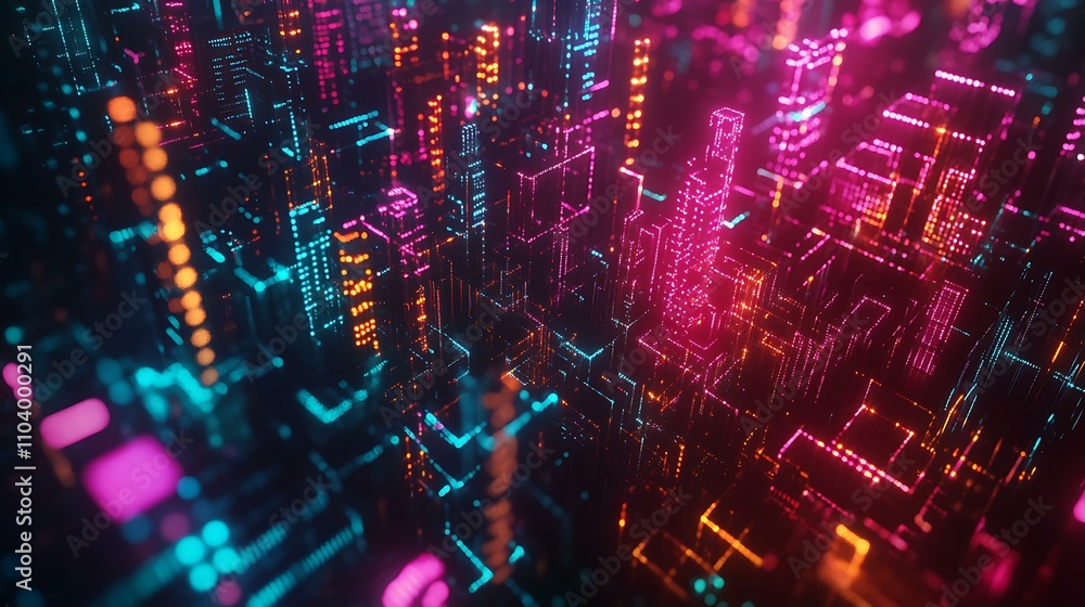 3D futuristic big data illustration with interconnected network lines and vibrant data nodes