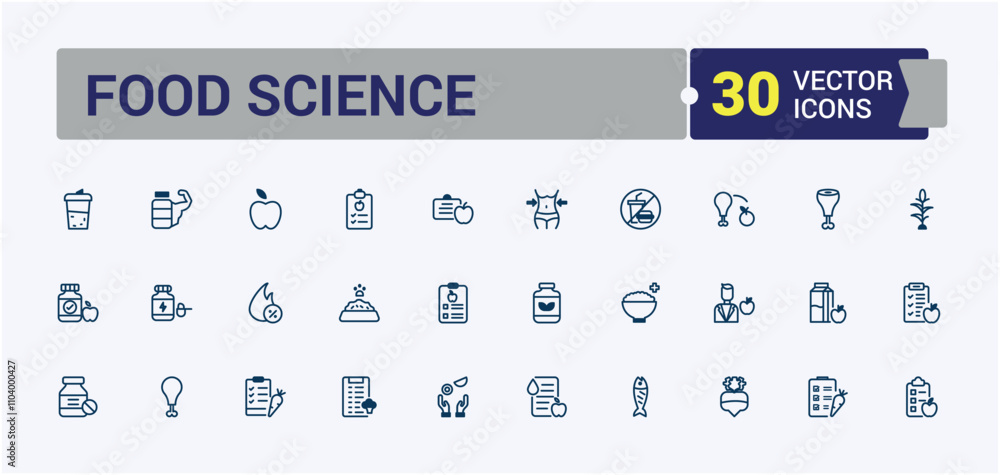 Food Science line icons set. Related to probiotics, slim, microflora, supplement, stroke and more. Minimalistic web and UI icons. Vector line and solid icons.