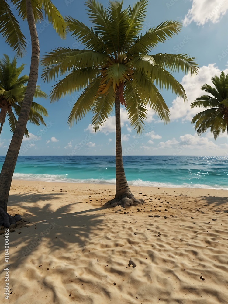 Obraz premium 3D render of a tropical beach scene with palm trees and waves.