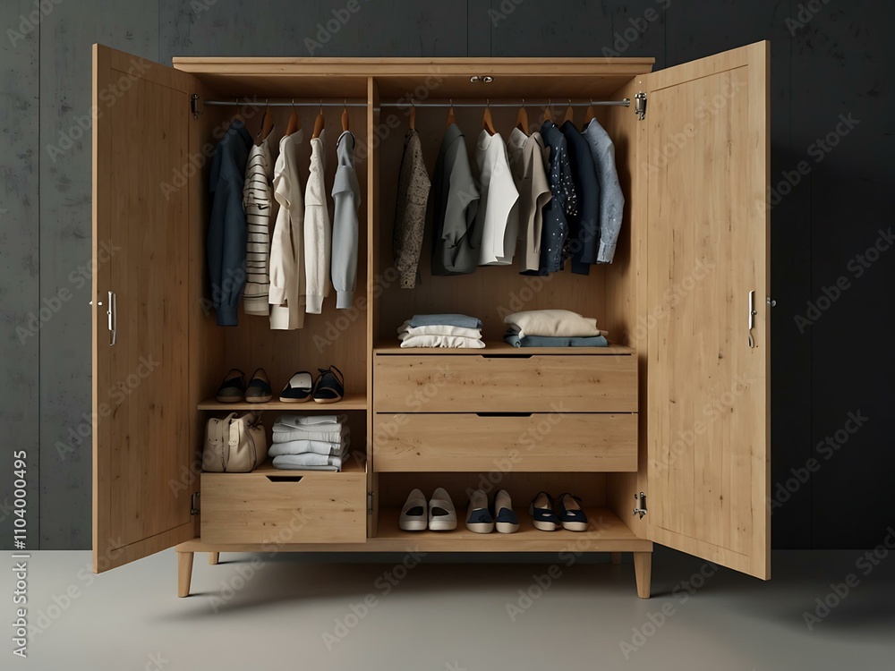 3D render of a wardrobe with clothing and accessories. 3D render of a wardrobe with clothing and accessories.