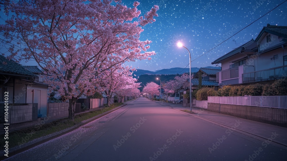 Romantic Cherry Blossom Night Serene Street Scene with Ethereal Glow and Mountain Backdrop Romantic Cherry Blossom Night Serene Street Scene with Ethereal Glow and Mountain Backdrop