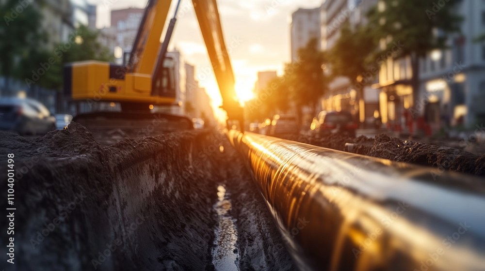 Bright sunlight highlights the metallic finish of a water pipeline section, being lowered into a trench by a crane, with a bustling cityscape in the background. Bright sunlight highlights the metallic finish of a water pipeline section, being lowered into a trench by a crane, with a bustling cityscape in the background.