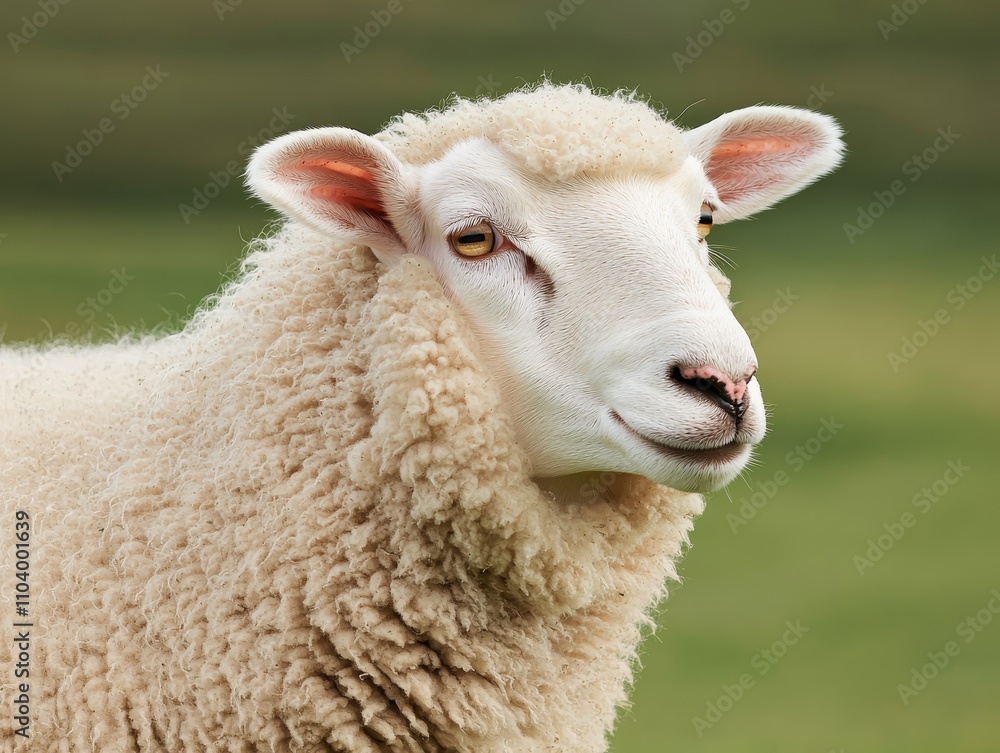 Serene Close-Up of Fluffy Sheep in Olive Green Pasture - Peaceful Wildlife Portrait Serene Close-Up of Fluffy Sheep in Olive Green Pasture - Peaceful Wildlife Portrait