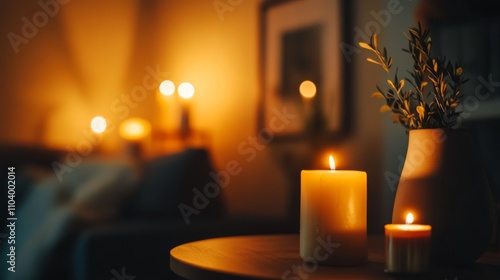 Realistic, cozy, modern apartment, candle light glow