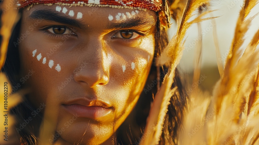 Portrait of indigenous person with traditional face paint and feathers Portrait of indigenous person with traditional face paint and feathers