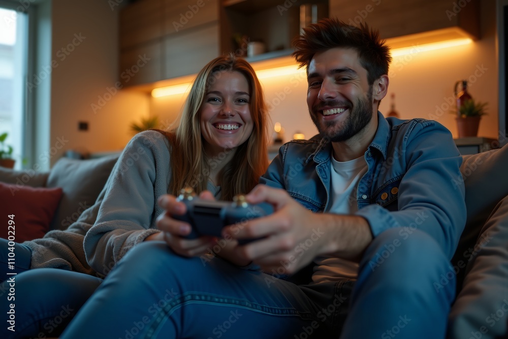 Couple enjoying a gaming session at home in cozy living room during evening Couple enjoying a gaming session at home in cozy living room during evening