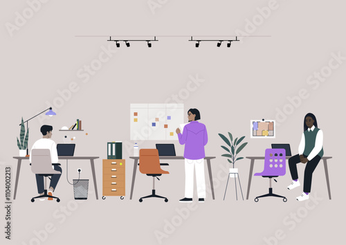 In a modern office setting, three individuals focus on their laptops while one actively discusses ideas with the group, Colorful furniture and plants enhance the inspiring atmosphere