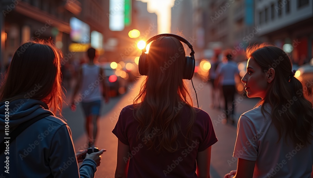 Group of friends walking in a city street at sunset while one wears headphones and listens to music Group of friends walking in a city street at sunset while one wears headphones and listens to music