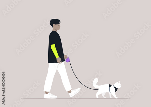 A person strolls confidently with a fluffy white cat on a leash, showcasing a unique bond in a tranquil, minimalist environment adorned in gentle pastel colors