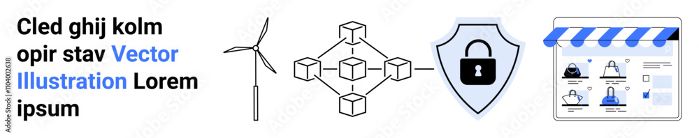 Wind turbine, blockchain network, security shield, online store interface. Ideal for technology, renewable energy, cybersecurity, e-commerce blockchain digital security innovation. Landing page Wind turbine, blockchain network, security shield, online store interface. Ideal for technology, renewable energy, cybersecurity, e-commerce blockchain digital security innovation. Landing page