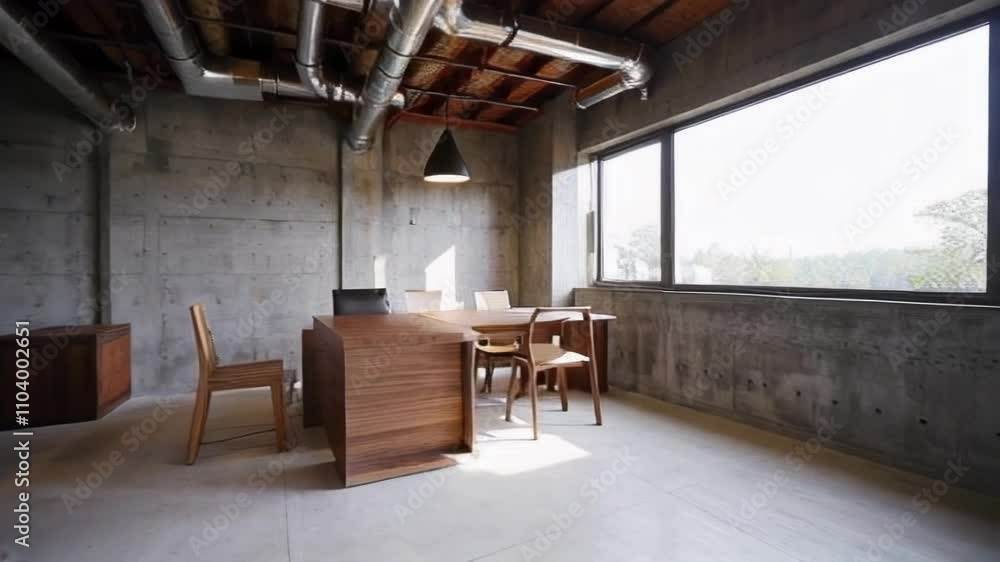 A modern workspace with minimalist concrete walls, wooden furniture, and abundant natural light, creating a calm and inviting atmosphere. A modern workspace with minimalist concrete walls, wooden furniture, and abundant natural light, creating a calm and inviting atmosphere.