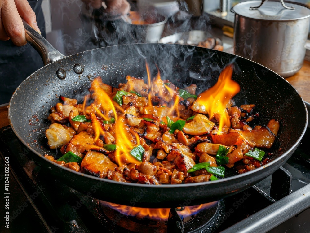 Sizzling Stir-Fry Delight Close-Up of Dark Wok Cooking Fiery Red Meat and Crisp Green Veggies in Kitchen - Lively Culinary Action for Menus, Blogs, and More Sizzling Stir-Fry Delight Close-Up of Dark Wok Cooking Fiery Red Meat and Crisp Green Veggies in Kitchen - Lively Culinary Action for Menus, Blogs, and More