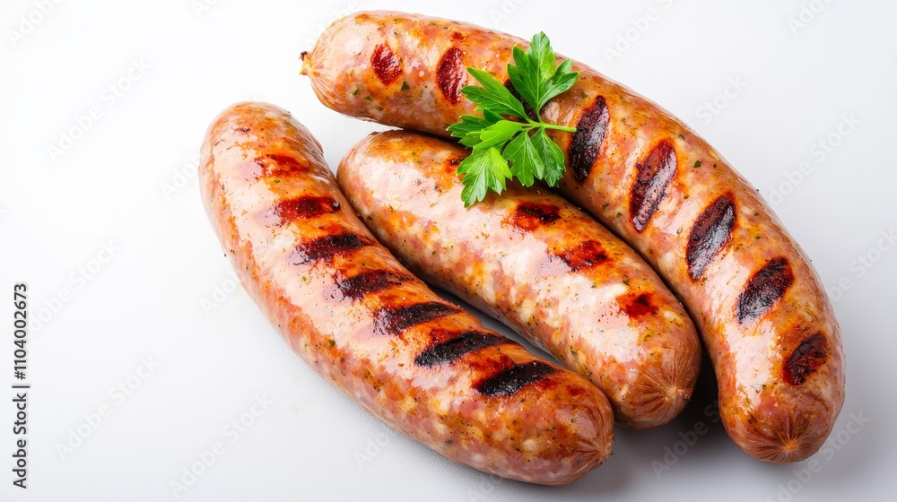 Sizzling Grilled Sausages Close-Up Succulent, Aromatic Meat Feast on White Surface - Appetizing Food Photography for Menus and Culinary Ads Sizzling Grilled Sausages Close-Up Succulent, Aromatic Meat Feast on White Surface - Appetizing Food Photography for Menus and Culinary Ads