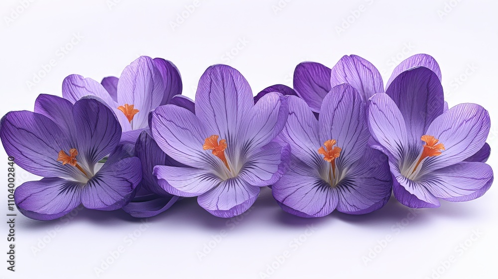A cluster of vibrant purple flowers with delicate petals and orange centers. A cluster of vibrant purple flowers with delicate petals and orange centers.