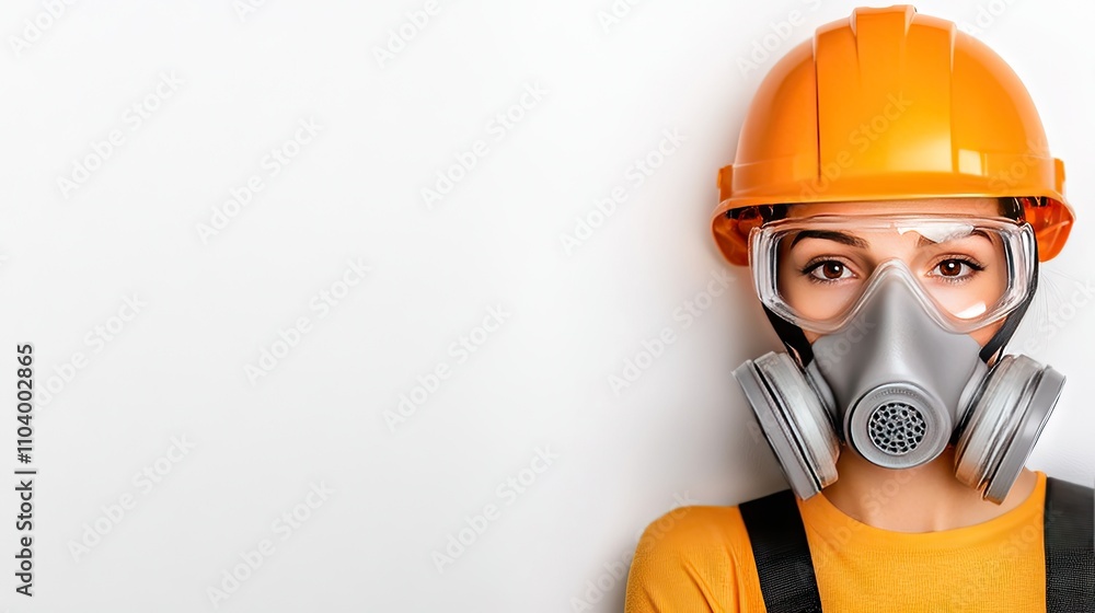 Woman in protective gear showcases safety measures against chemical exposure with an orange helmet and gas mask on a clear backdrop Woman in protective gear showcases safety measures against chemical exposure with an orange helmet and gas mask on a clear backdrop