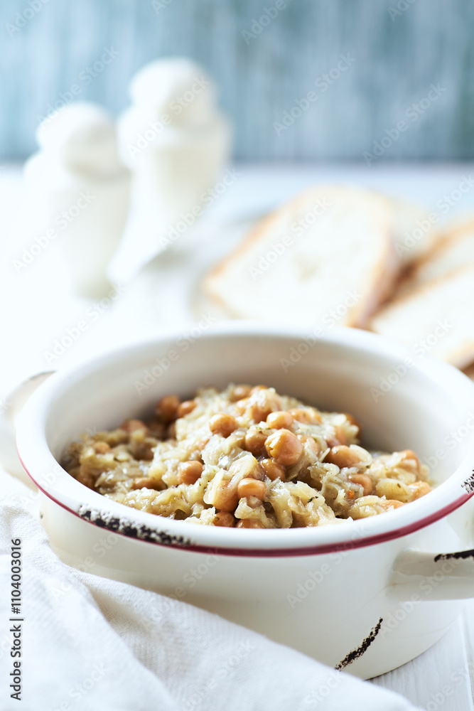 Cabbage with peas. Traditional Polish Christmas Dinner. Bright background. Cabbage with peas. Traditional Polish Christmas Dinner. Bright background.