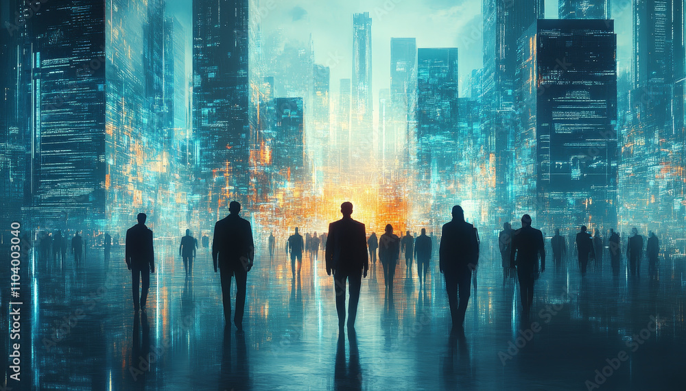 futuristic business team stands in high tech cityscape, silhouetted against glowing skyline. atmosphere is vibrant and dynamic, reflecting innovation and collaboration futuristic business team stands in high tech cityscape, silhouetted against glowing skyline. atmosphere is vibrant and dynamic, reflecting innovation and collaboration