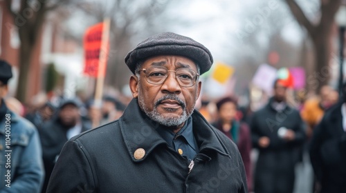 Elderly black man in coat and hat standing among crowd at outdoor event