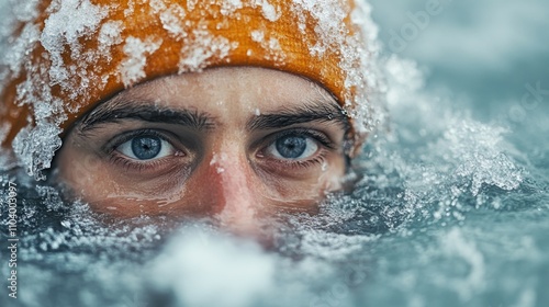 Closeup of man with determined eyes breaking through icy water surface photo