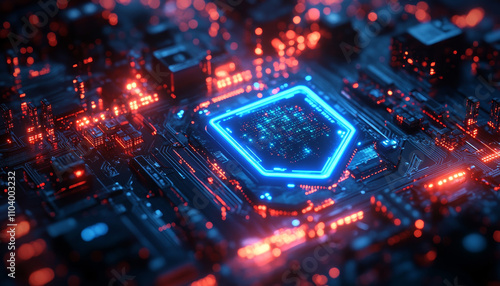 futuristic circuit board with glowing blue shield icon, surrounded by vibrant red lights, creating high tech atmosphere