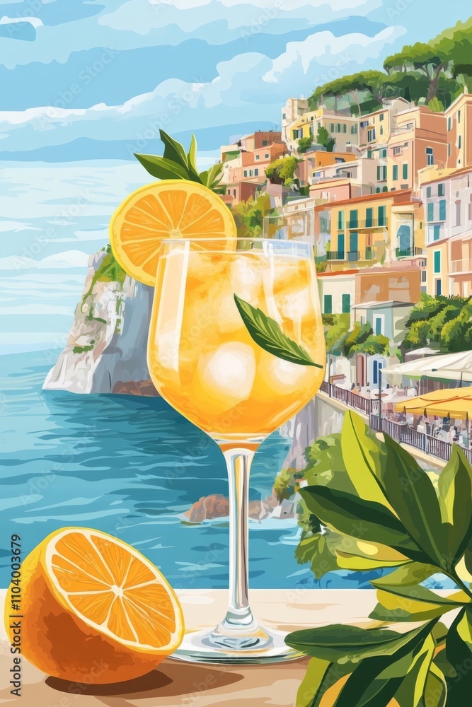 A limoncello spritz cocktail with a lemon slice and ice cubes in a glass on the table, set against a background of an italian coastal landscape
