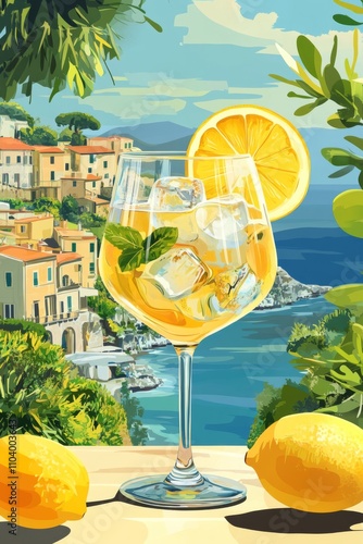 Obraz na płótnie A limoncello spritz cocktail with a lemon slice and ice cubes in a glass on the table, set against a background of an italian coastal landscape w salonie