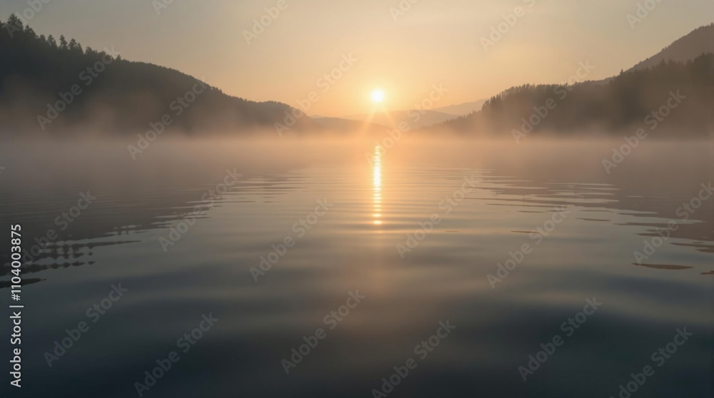 Obraz premium Serene lake at dawn with mist rising from the water's surface, calmness, reflection, mist, serenity, sunrise
