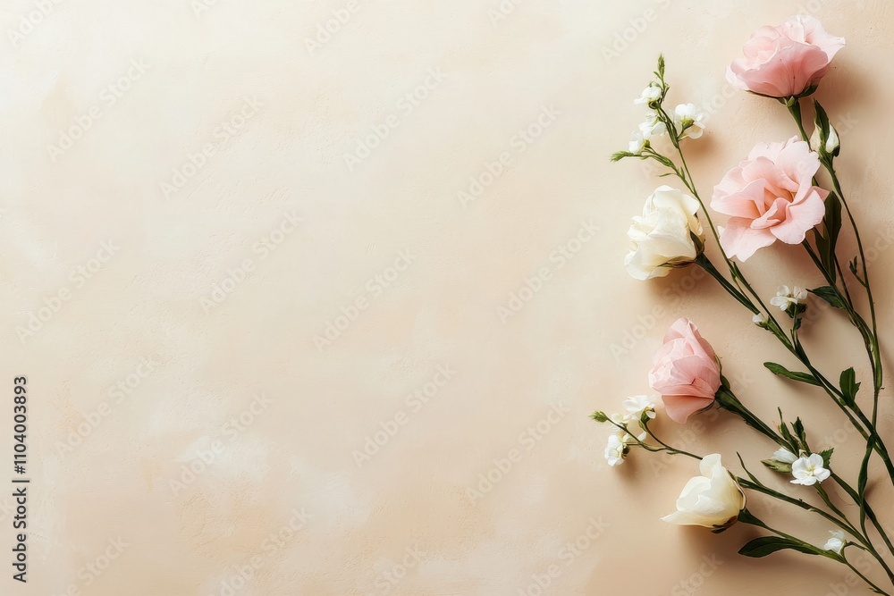 Elegant Floral Arrangement of Delicate Roses and Blossoms on Soft Background Elegant Floral Arrangement of Delicate Roses and Blossoms on Soft Background