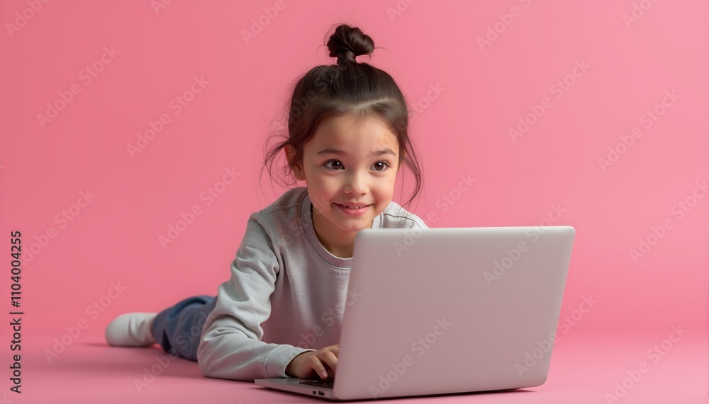 Child interacts with laptop on pink background, showcasing focus and curiosity during playful exploration Child interacts with laptop on pink background, showcasing focus and curiosity during playful exploration