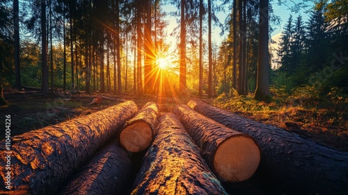 Sunset light illuminating cut logs in a serene forest setting, showcasing detailed tree rings and bark textures