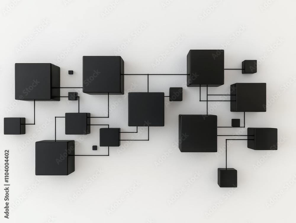 Symmetrical Network Intricate Black Cubes Interconnected in Minimalist 3D Illustration against Soft White Background - Abstract Technological Concept for Design and Presentations Symmetrical Network Intricate Black Cubes Interconnected in Minimalist 3D Illustration against Soft White Background - Abstract Technological Concept for Design and Presentations