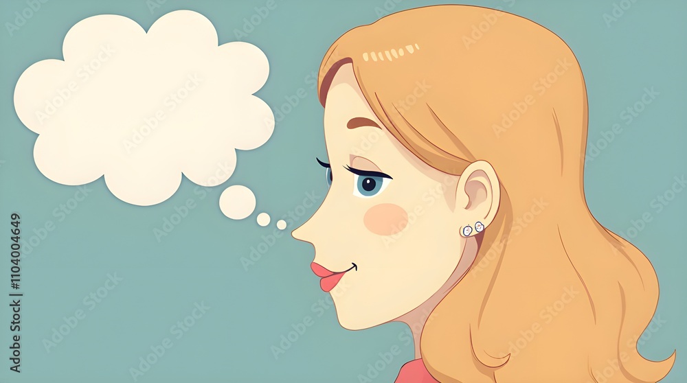 Smiling woman with thought bubble, minimalist illustration Smiling woman with thought bubble, minimalist illustration
