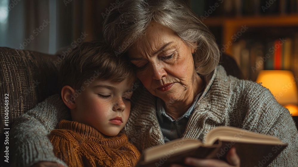 Bonding Time - Grandmother Reading Book to Grandson on Armchair in Cozy Setting Bonding Time - Grandmother Reading Book to Grandson on Armchair in Cozy Setting