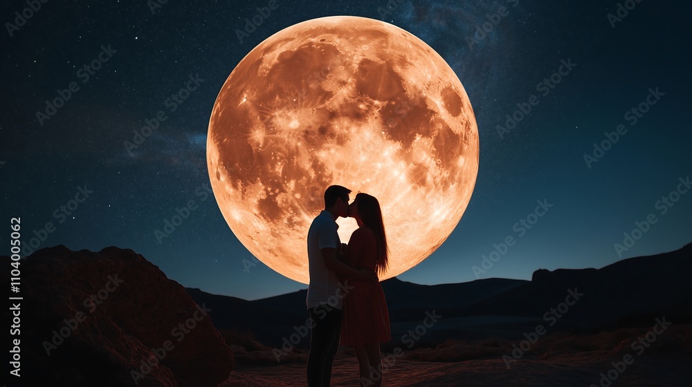 Two silhouettes sharing a kiss in front of a giant moon, with a starry sky above. Two silhouettes sharing a kiss in front of a giant moon, with a starry sky above.